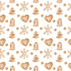 Watercolor seamless pattern with gingerbread on white background