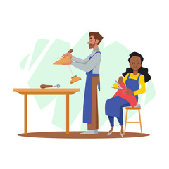 Shoe work shop cartoon vector concept. Smilling woman sit on the chair cutting leather sheet with scissors.