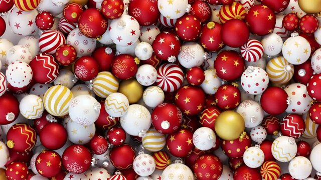 Lots of christmas balls pop up. 3D render animation