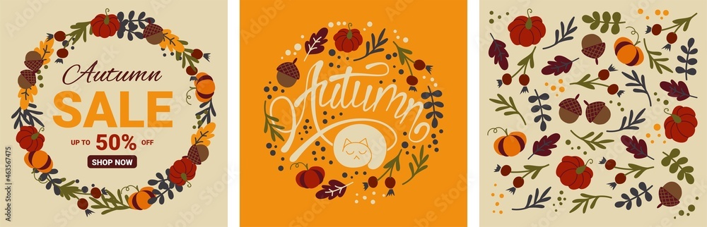 Wall mural set of autumn designs with falling leaves, pumpkins and lettering. vector illustration with special 