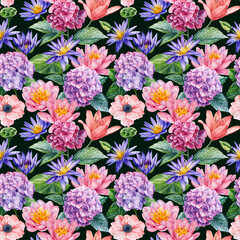  Botanical pattern. Hand drawn watercolor seamless pattern with flowers. Hydrangea, lily, anemone and buttercups