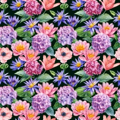 Tuinposter  Botanical pattern. Hand drawn watercolor seamless pattern with flowers. Hydrangea, lily, anemone and buttercups © Hanna