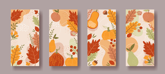 Set of vertical social media backgrounds with autumn ornaments. Pumpkins, berries, leaves and fruits. - 463567697