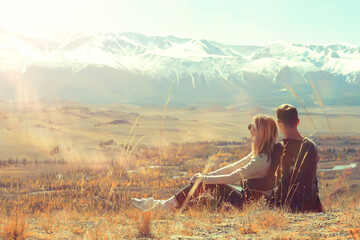 couple autumn altai lovers mountains, active adventures, travel happy tourism