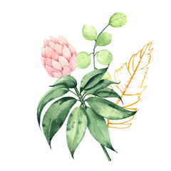 Watercolor hand painted tropical bouquet with green palm leaves, flowers, flamingo, summer fruits, golden line elements