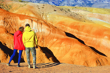 couple autumn altai lovers mountains, active adventures, travel happy tourism