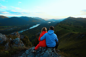couple autumn altai lovers mountains, active adventures, travel happy tourism