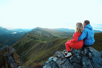 Naklejka premium couple autumn altai lovers mountains, active adventures, travel happy tourism