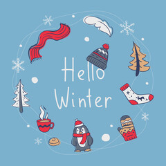 Hello winter blue illustration with winter elements. Christmas tree, hat, mitten, cup of tea or coffee, snowflakes, sock
