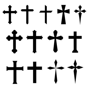 A set of Christian cross icons in black and white. They’re different design and isolated on white background.