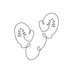 Continuous line drawing of mittens. Hand drawn christmas mittens on a rope with a pattern isolated on white background. Linear style. Vector illustration.