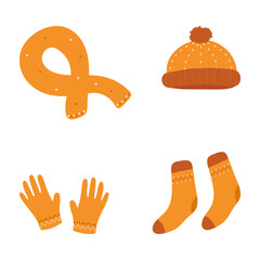 Set of winter or autumn clothes. Colorful cute collection of winter clothes in cartoon style. hat, gloves, scarf and socks. Vector illustration.