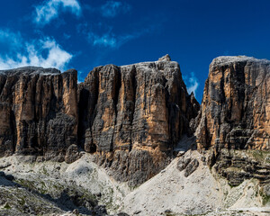 Sasso delle Nove, Sasso Delle Dieci and Piz da Lec mountain peaks above Franz Kostner Hutte in Sella mountain group in Dolomites mountaiins in Italy