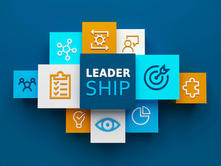 Top view of 3D render of LEADERSHIP business concept with symbols on colorful cubes on dark blue background