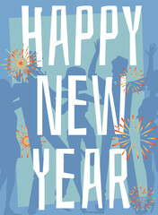 Happy New Year poster or card with fireworks lights, flat vector illustration.