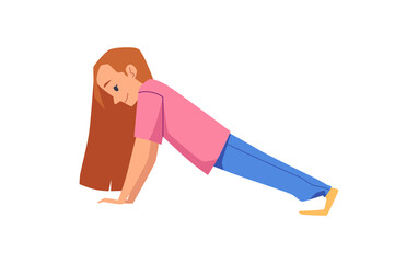 School girl doing plank exercise or pushups, flat vector illustration isolated.