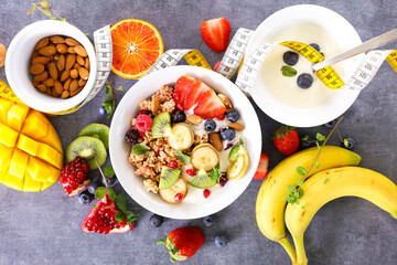 healthy breakfast with cereals,  fresh fruits and yogurt