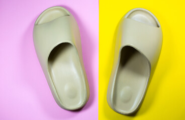 Beige Summer Slippers on the colorful background. Pair of house indoors shoes.