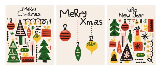 Christmas postcard set. Hand drawn scandinavian style xmas card, cartoon ethnic winter holidays elements and lettering, trendy colors tree gifts and toys, poster or print vector isolated illustration © Mariya