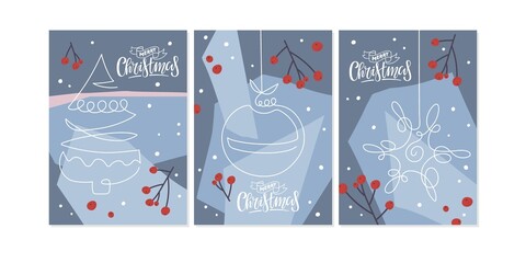 Set of Merry Christmas greeting cards with Continuous one line drawing winter symbols. Hand Drawn letterimg. Vector illustration with decorated Christmas tree on blue background