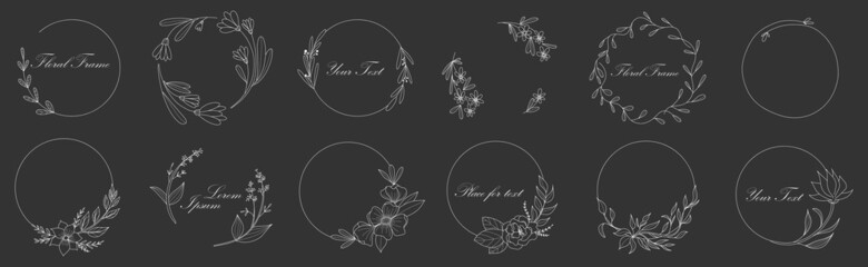 Botanical circle frame. Hand drawn round white line on black, leaves and flowers, wedding invitation and cards, logo design and posters template. Elegant minimal style floral vector isolated set
