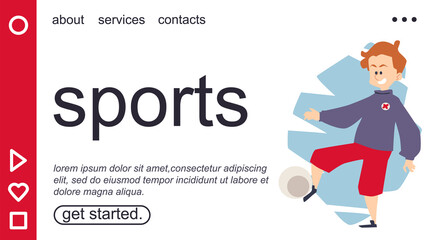 Kids sports website banner with boy playing football, flat vector illustration.