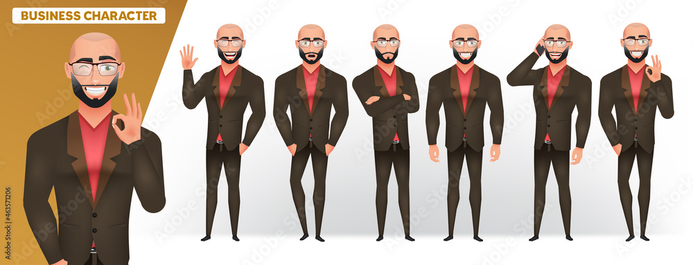 Poster business man character vector set. business manager bald characters collection in standing pose gest