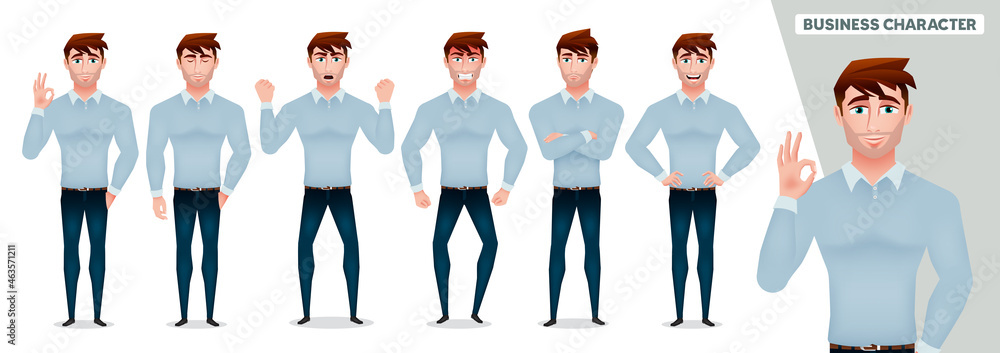 Poster business man character vector set. business sales man characters collection with standing pose in an