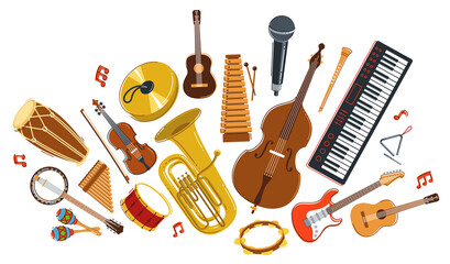 Music orchestra diverse instruments vector flat illustration isolated on white background, live sound concert or festival, musical band or orchestra playing and singing songs. © Sylverarts