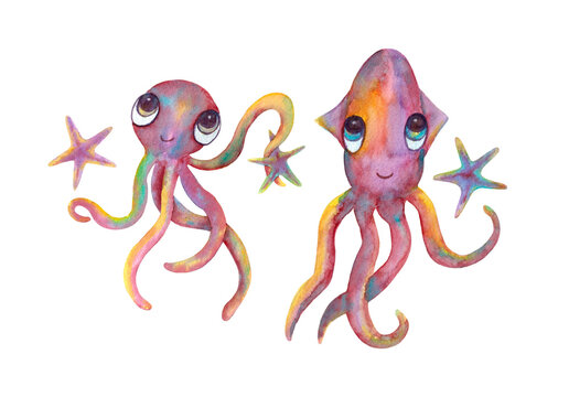 Octopus and squid isolated on a white background. Sea animals and stars. Marine life. The set of illustrations is hand-drawn in watercolor.