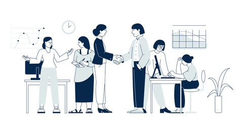 Business people partnership concept. Meeting professional, businesswomen office team. Discussion and communication recent vector scene