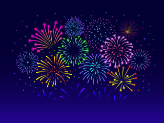 Color fireworks banner. Firework decoration, abstract red green yellow blue pyrotechnics show. Winter holiday, new year party tidy vector background