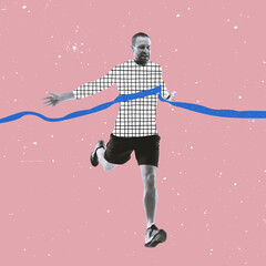 Contemporary art collage. Inspiration, idea, trendy magazine style. Sport. Professional male athlete, runner on bright background with drawings.