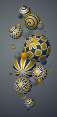 Abstract spheres vector phone background, composition of flying balls decorated with patterns, 3D mixed variety realistic globes with ornaments, smartphone wallpaper.