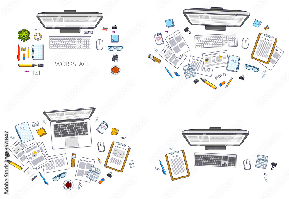 Fototapete Office employee or entrepreneur work desks workplaces with PC and laptops and diverse stationery objects for work and analytics papers, top view. All elements are easy to use separately. Vector set.