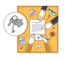 Man signs bank mortgage hypothec for real property house buying and employee explains terms of loan credit, top view of desk with people hands and paper documents. Vector illustration.