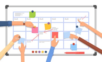 Obraz premium Work planning board. Arm with marker, business project collaboration plan. Time management, office schedule and task whiteboard decent vector concept