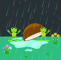 Background of two happy frogs under the rain vector design illustration
