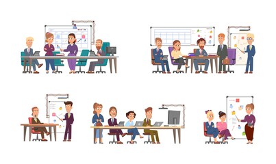 Office workers scenes. Business meeting, managers and businessman. Job interview or project presentation. Cartoon team brainstorming decent vector set