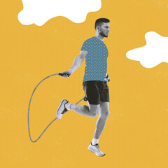 Contemporary art collage. Inspiration, idea, trendy magazine style. Sport. Professional male athlete training isolated on colorful background with drawings.