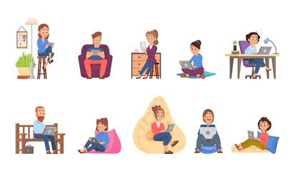 People working from home. House office, remote business characters. Freelancer, man woman with computer, laptop and smartphone decent vector set