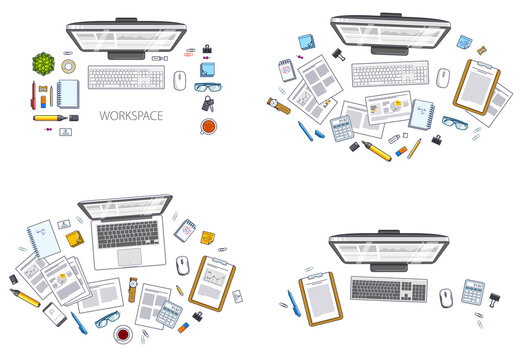 Office employee or entrepreneur work desks workplaces with PC and laptops and diverse stationery objects for work and analytics papers, top view. All elements are easy to use separately. Vector set.