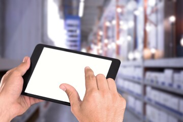 Warehouse management innovative software. Digital tablet in hands