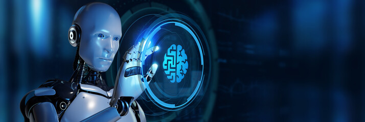 Fototapeta premium Artificial intelligence (AI), machine learning and modern computer technologies concepts. Robot pressing button on virtual screen. 3d render