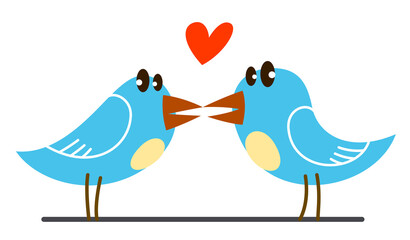 Two little cute birds lovers romantic kissing funny cartoon flat vector illustration isolated on white.