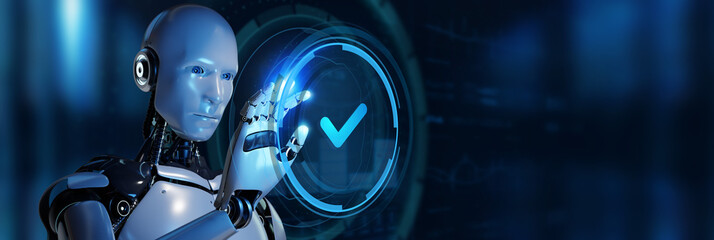 Fototapeta premium Standard quality control. Certification. Robot pressing button on virtual screen. 3d render