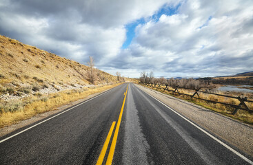Scenic road in Grand Teton National Park, Wyoming, USA.