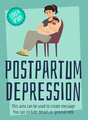 Postpartum depression problem of women after childbirth flat vector illustration.