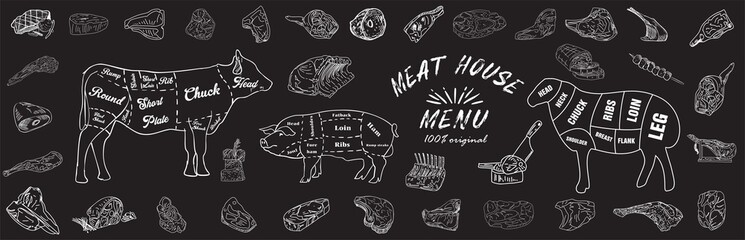 Vintage Butcher shop hand-drawn on a black chalkboard background. Butchery Cow Food Chalk Board Shop. Retro Menu Restaurant poster. Vector.