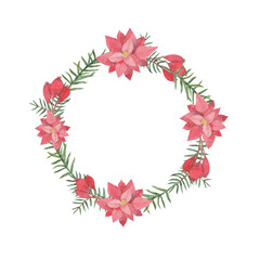 christmas wreath with red poinsettia isolated on white